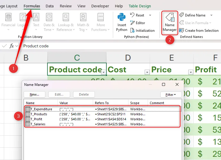 Hộp thoại &quot;Name Manager&quot; trong Excel hiển thị danh sách các tên bảng và phạm vi đã đặt trong sổ làm việc.
