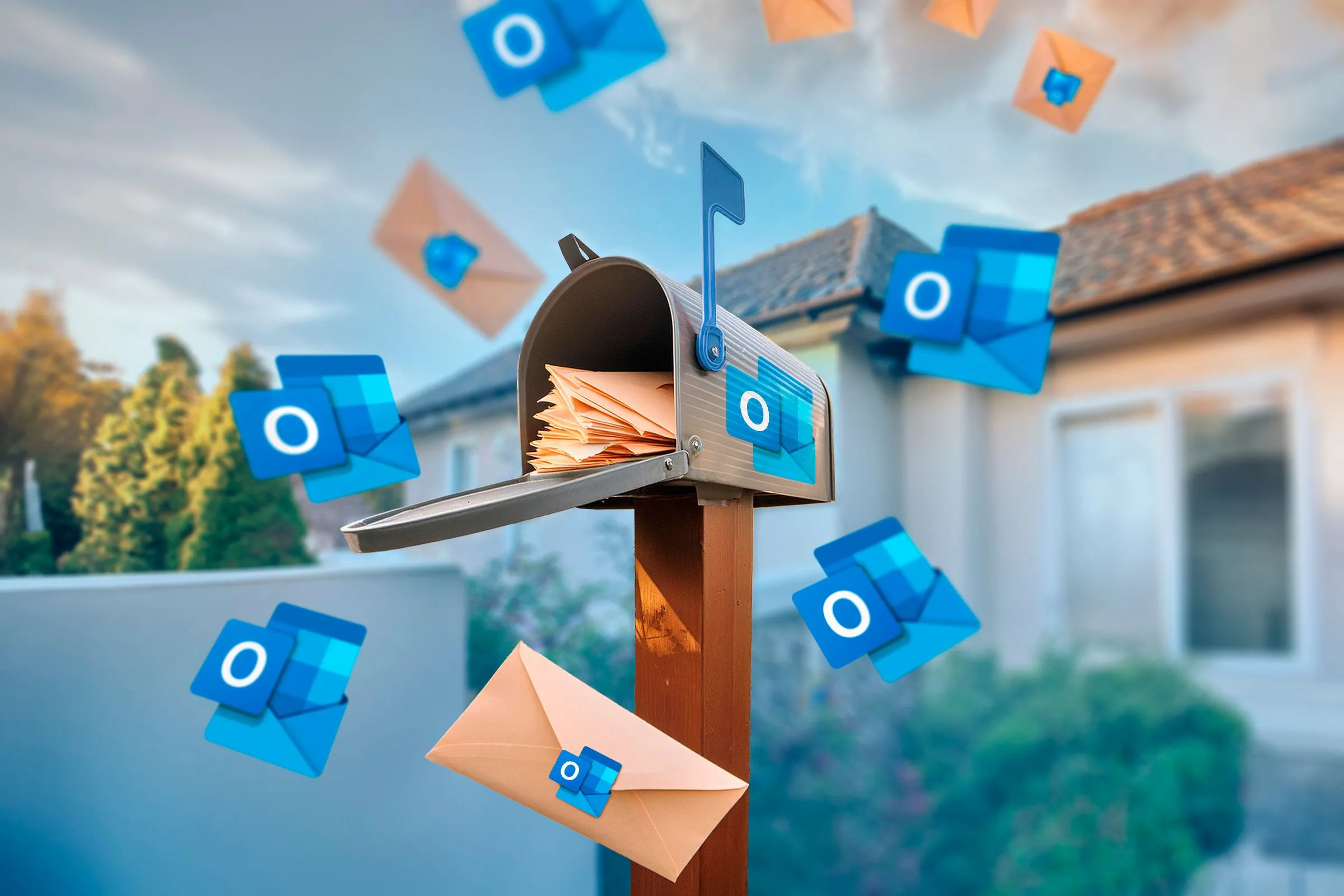 Hộp thư với biểu tượng Outlook và nhiều lá thư bên trong, tượng trưng cho lượng thư điện tử lớn và sự phụ thuộc vào dịch vụ email