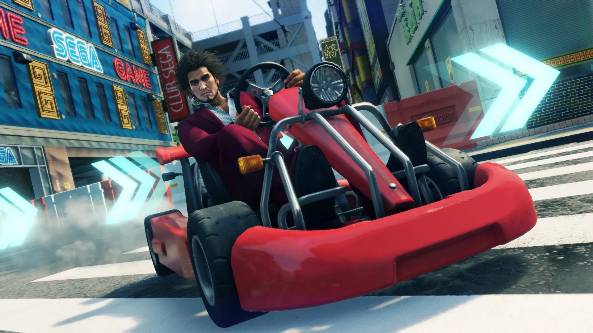 Ichiban điều khiển xe kart thực hiện cú drift ngoạn mục trong minigame Dragon Kart của Yakuza: Like A Dragon