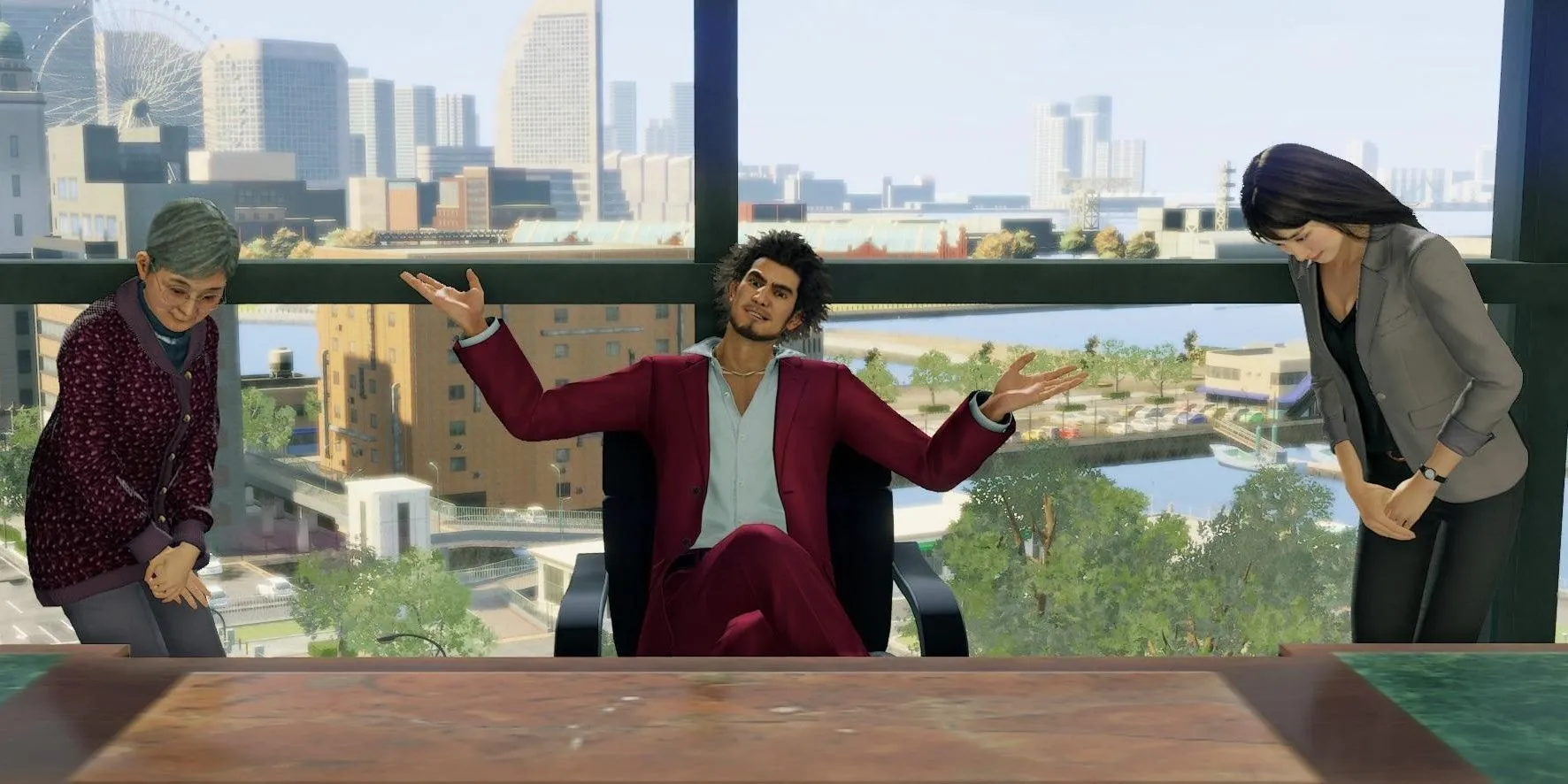 Ichiban đứng trước bảng hiệu Ichiban Holdings, minh họa minigame quản lý doanh nghiệp trong Yakuza: Like A Dragon