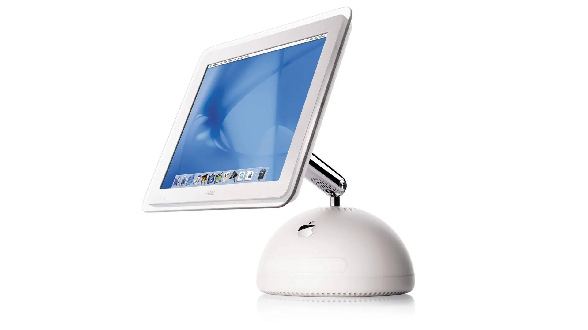iMac G4 với màn hình phẳng xoay và đế bán cầu đặt trên nền trắng