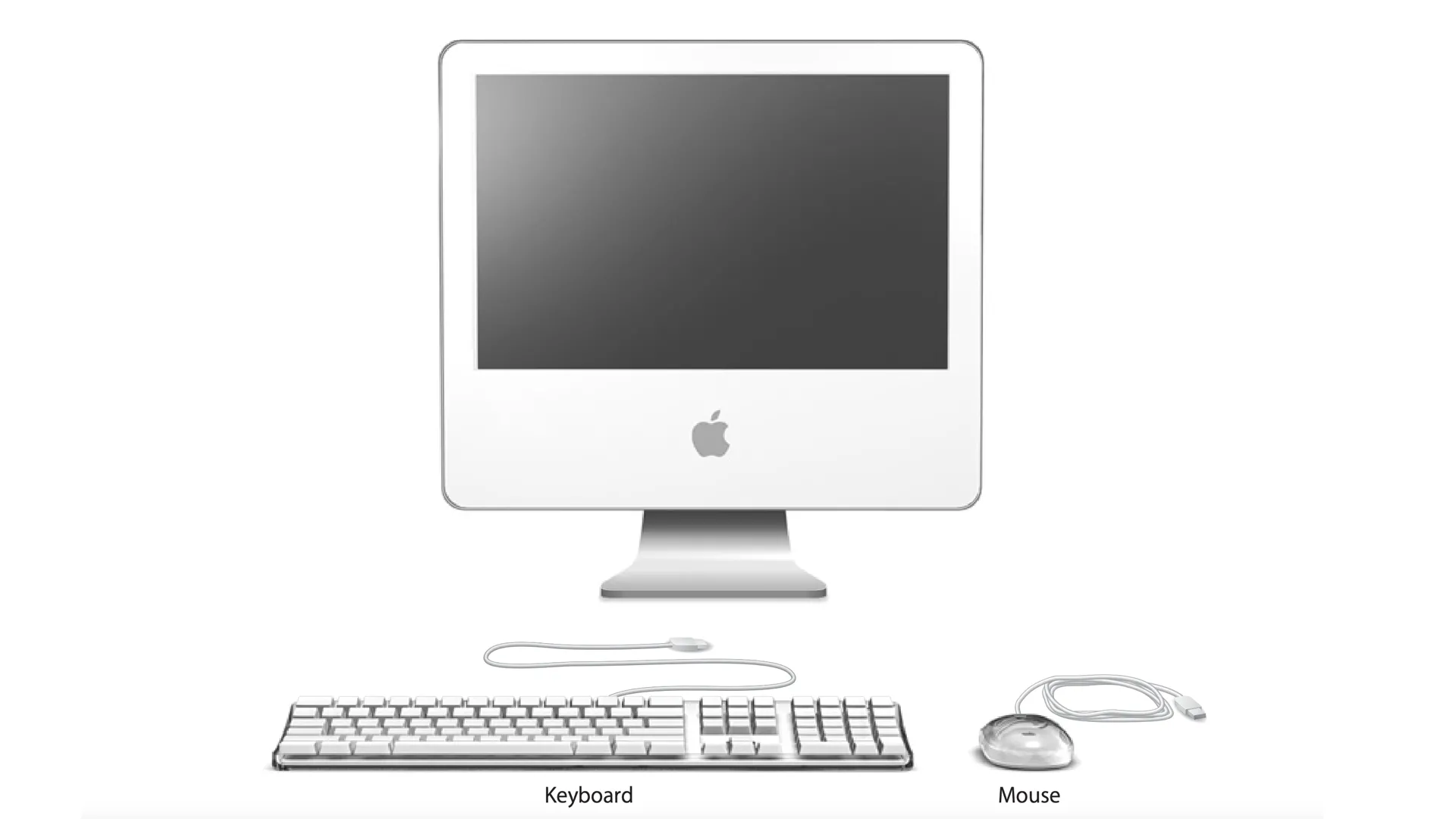 iMac G5 màu trắng với chân đế cong đặt trên nền trắng