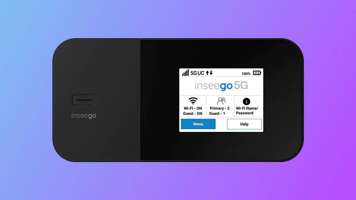 Inseego MiFi X Pro 5G màu đen trên nền xanh tím, thể hiện thiết kế sang trọng và công nghệ kết nối 5G tiên tiến.