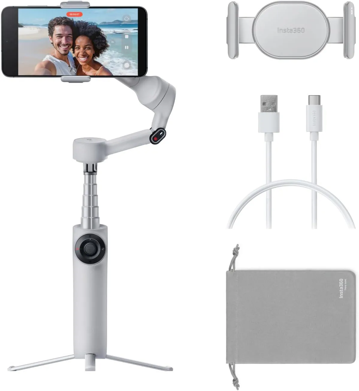 Insta360 Flow 2 màu xám với phụ kiện đi kèm trên nền trắng