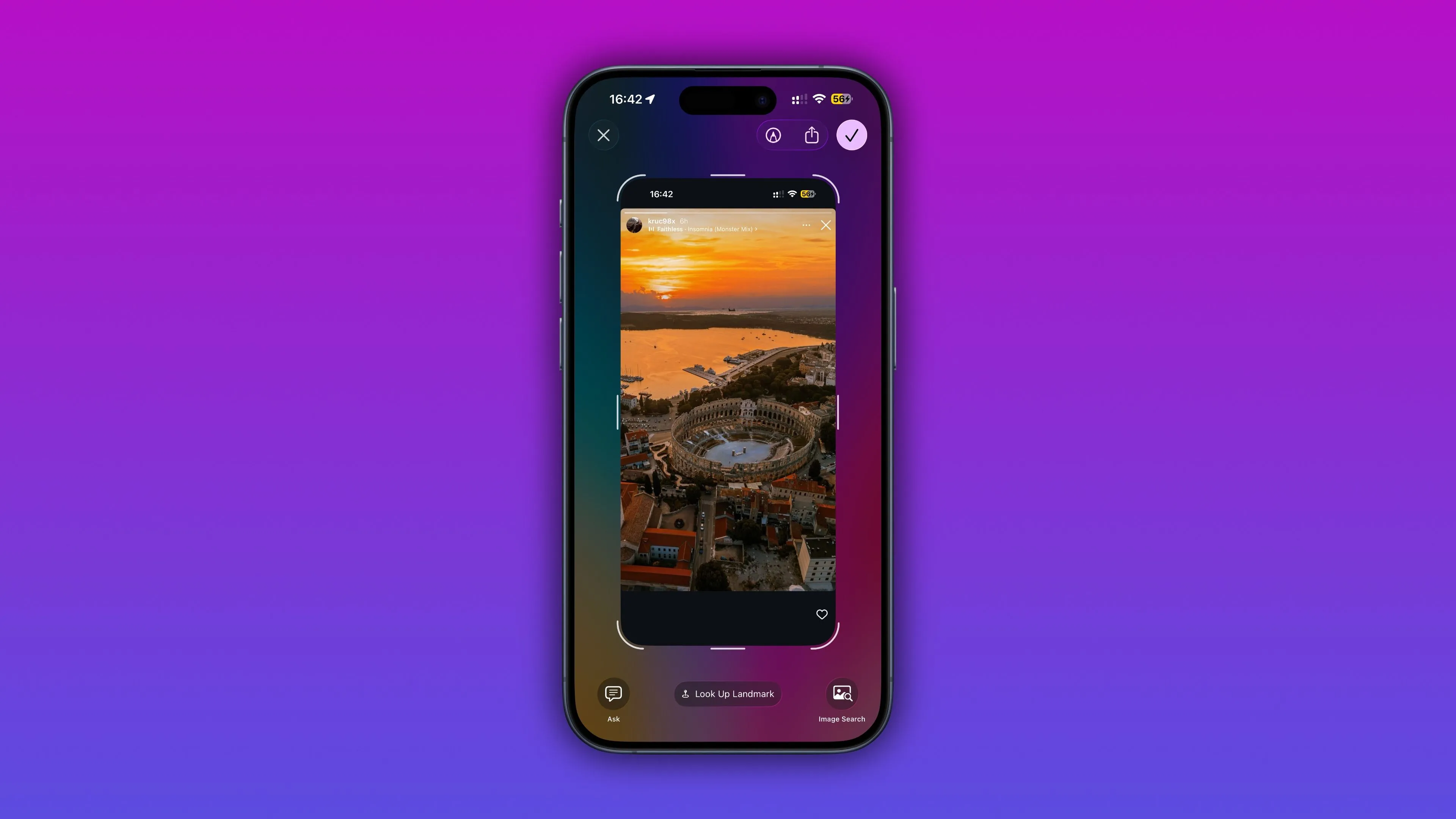 iPhone sử dụng Visual Intelligence để nhận diện một địa danh trên ảnh chụp màn hình Instagram trong iOS 26.