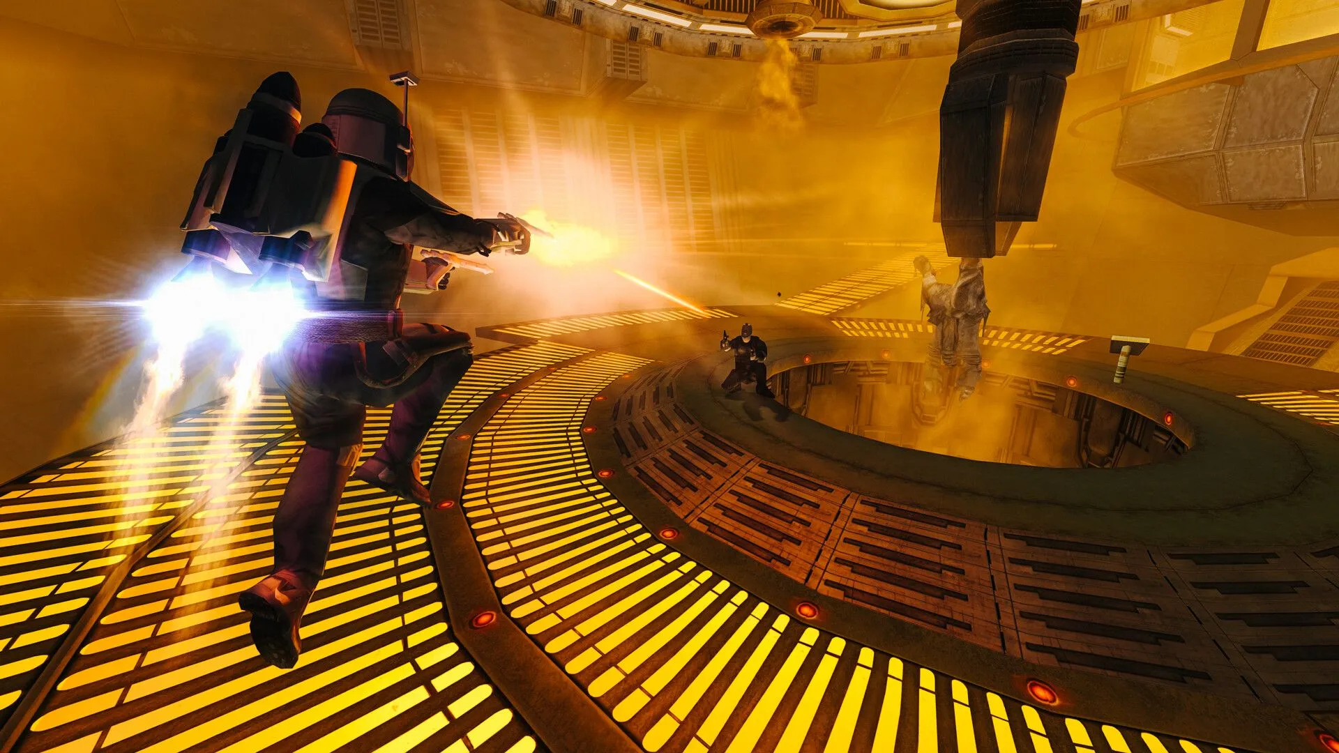 Jango Fett sử dụng jetpack và súng đôi trong game Star Wars: Bounty Hunter.