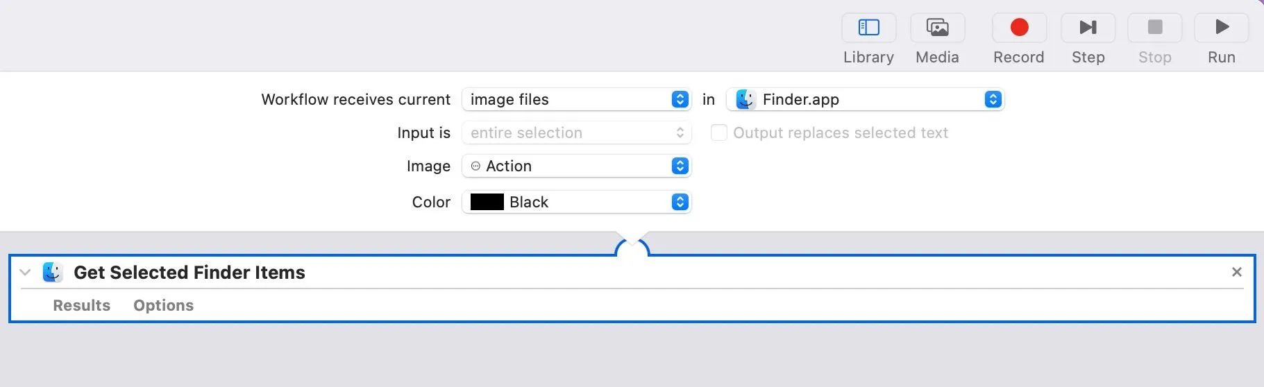 Kéo và thả tác vụ Get Selected Finder Items vào khu vực quy trình làm việc của Automator.