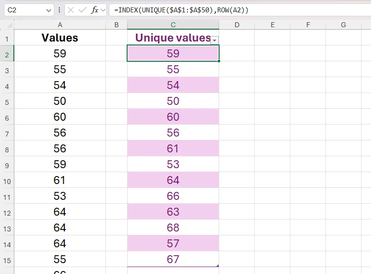 Kết hợp INDEX, UNIQUE, và ROW để trả về số duy nhất trong bảng Excel