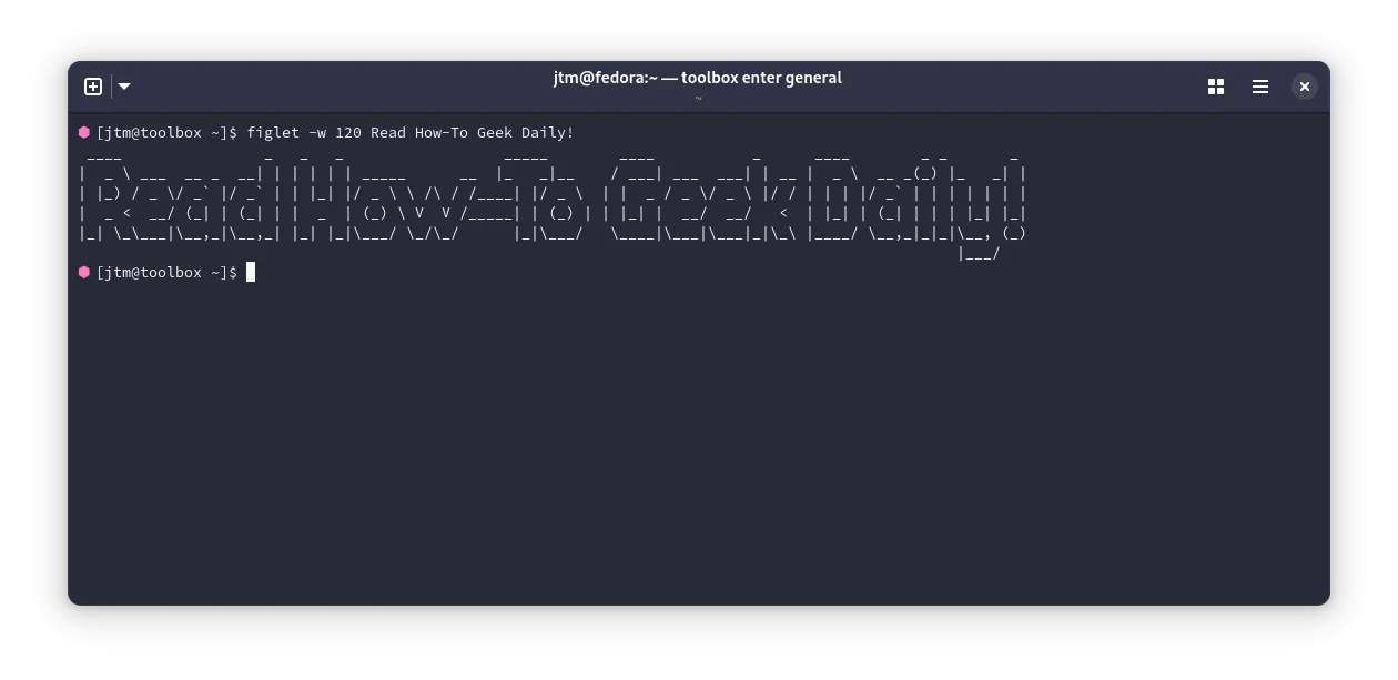 Kết quả của lệnh figlet in &quot;Read How-To Geek&quot; trong terminal Linux.
