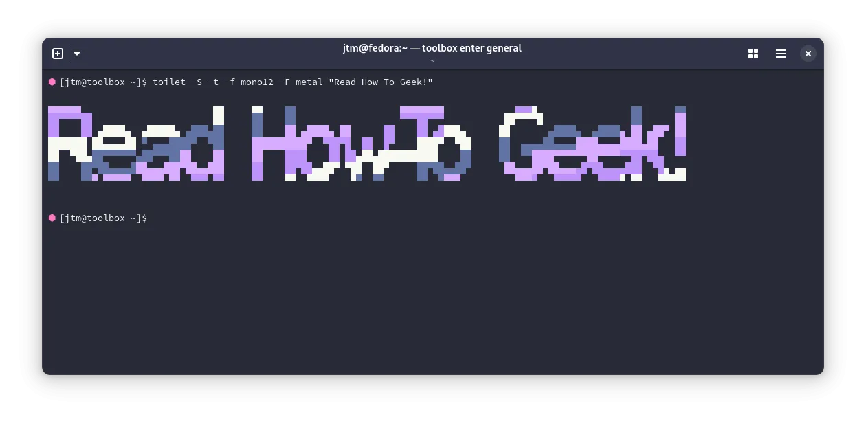 Kết quả của lệnh toilet in &quot;Read How-To Geek&quot; trong terminal Linux.