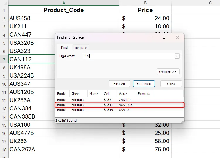 Kết quả Find trong Excel trả về một mã sản phẩm không mong muốn.