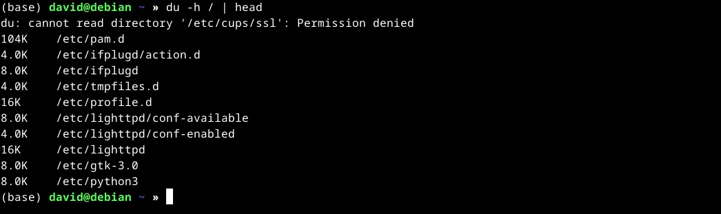 Kết quả lệnh du -h được truyền vào tiện ích head trong terminal Linux, hiển thị dung lượng tệp