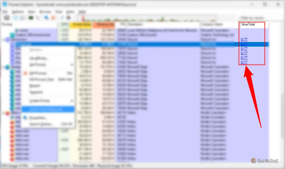 Kết quả quét VirusTotal hiển thị trong Process Explorer, cho thấy Discord là ứng dụng an toàn.