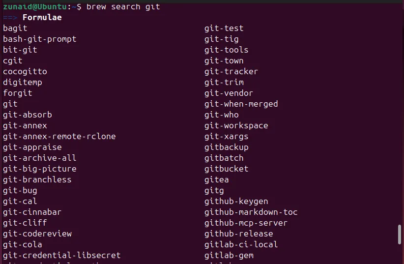 Kết quả tìm kiếm gói 'git' trên Homebrew trong terminal Linux, hiển thị danh sách các gói có chứa từ khóa 'git'.