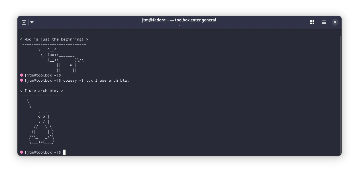 Kết quả từ lệnh cowsay trong terminal Linux.