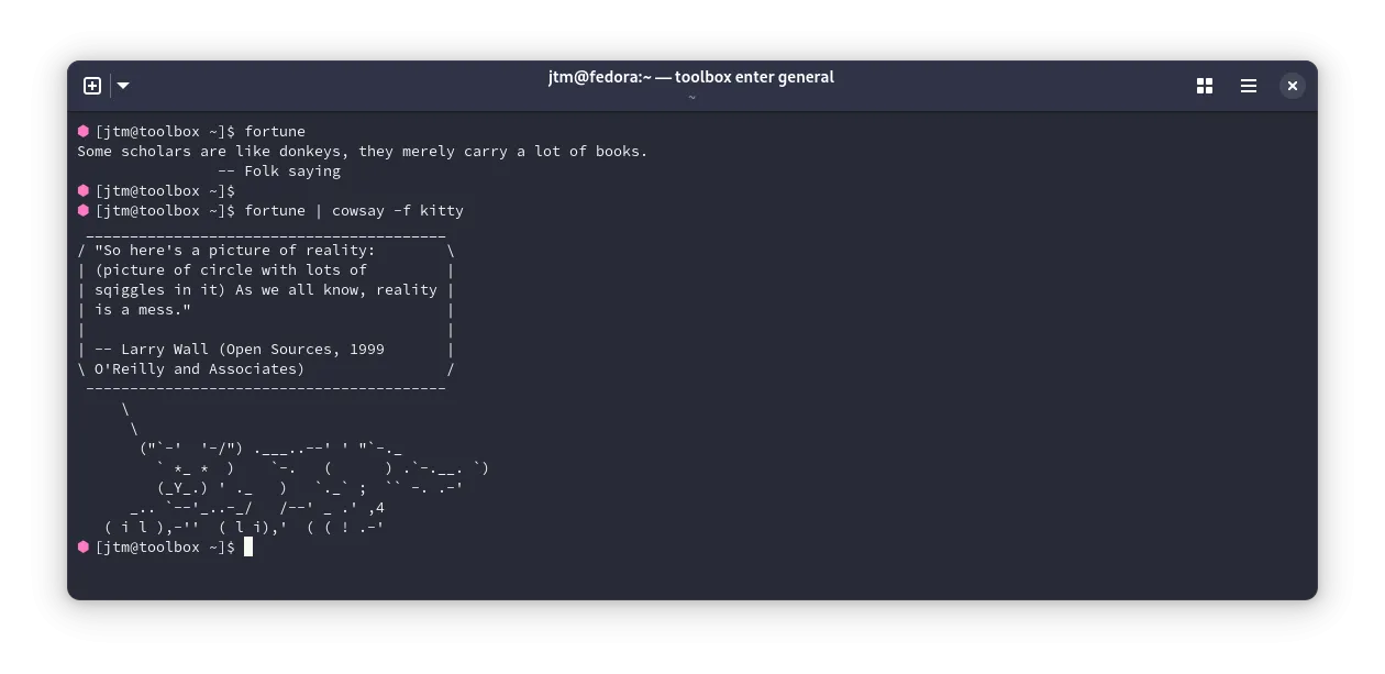 Kết quả từ lệnh fortune trong terminal Linux.
