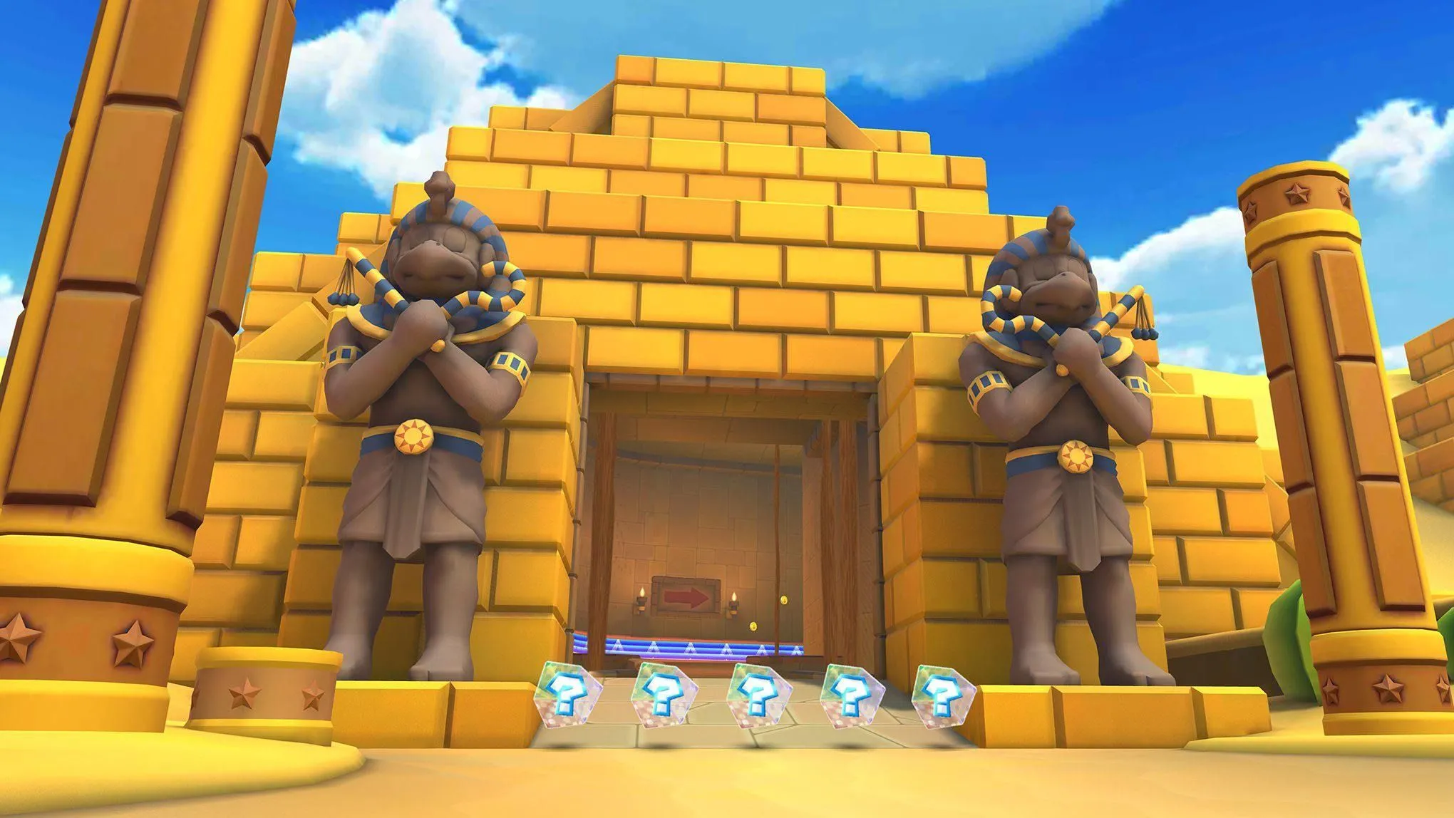 Khu di tích Dry Dry Ruins trong Mario Kart Tour, với cảnh quan sa mạc và các Pokeys.
