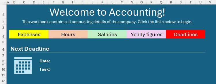 Khu vực hiển thị chi tiết hạn chót tiếp theo được thiết kế trên trang chủ Excel, kèm biểu tượng lịch.