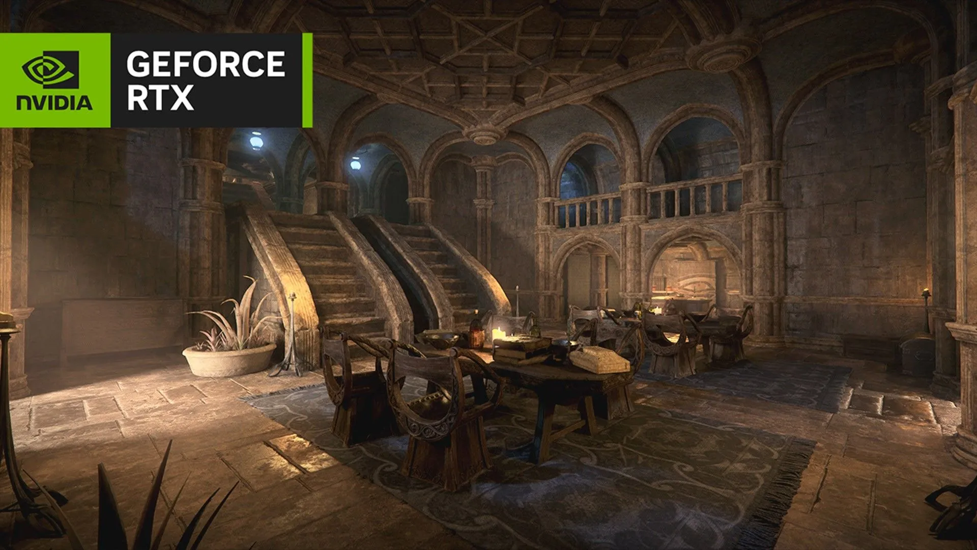 Khung cảnh phòng ăn trong game Morrowind được nâng cấp đồ họa ấn tượng nhờ NVIDIA RTX Remix, thể hiện chi tiết và ánh sáng cải thiện.