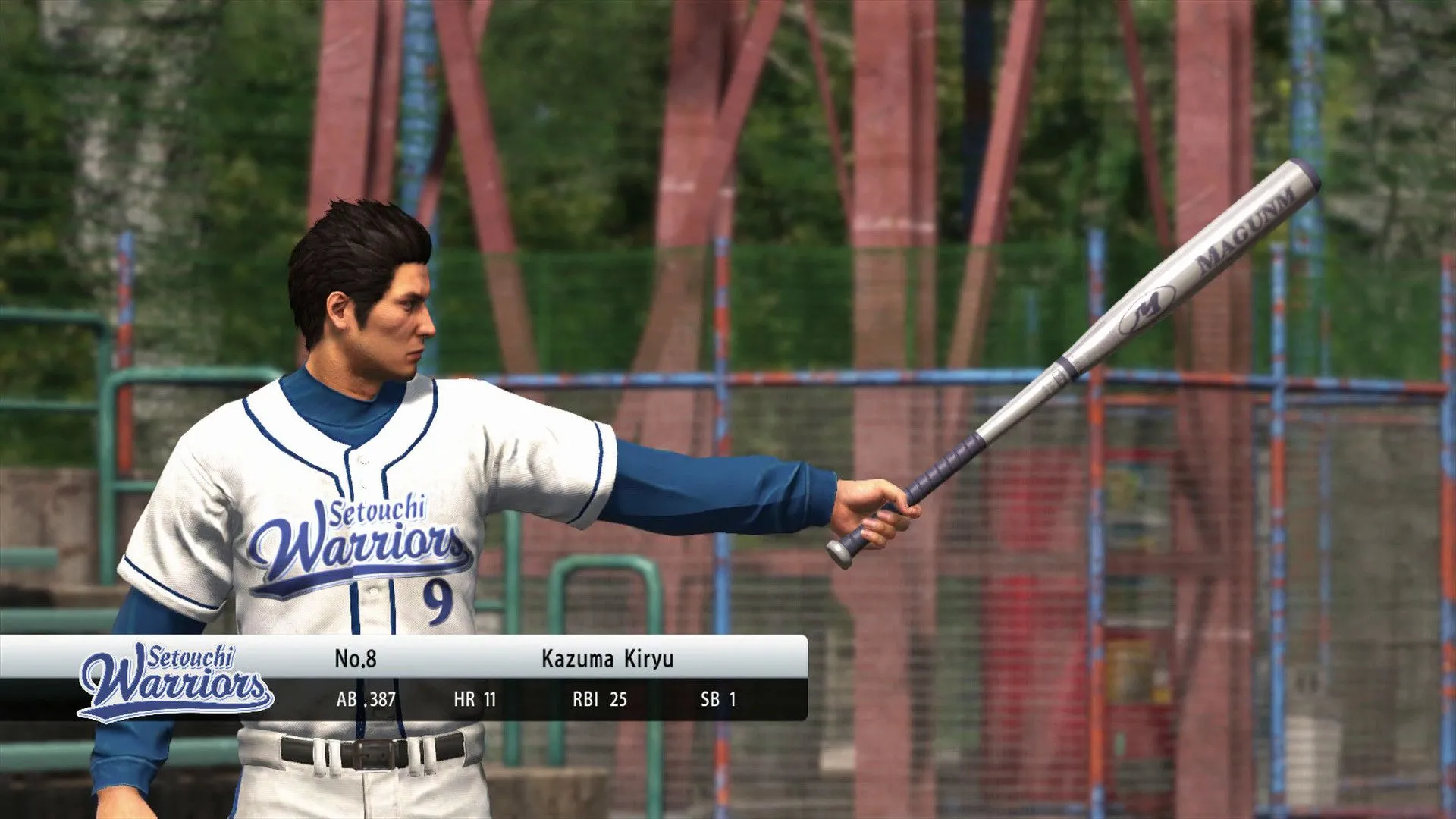 Kiryu trong trang phục bóng chày cầm gậy, thể hiện minigame bóng chày đầy đủ trong Yakuza 6
