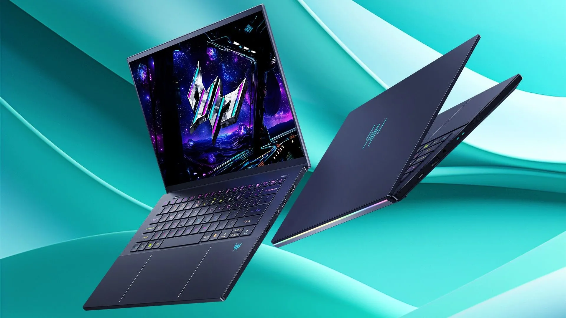 Laptop Acer Predator Triton 14 AI màu xám bạc với logo Predator phát sáng, hiển thị màn hình với nền xanh