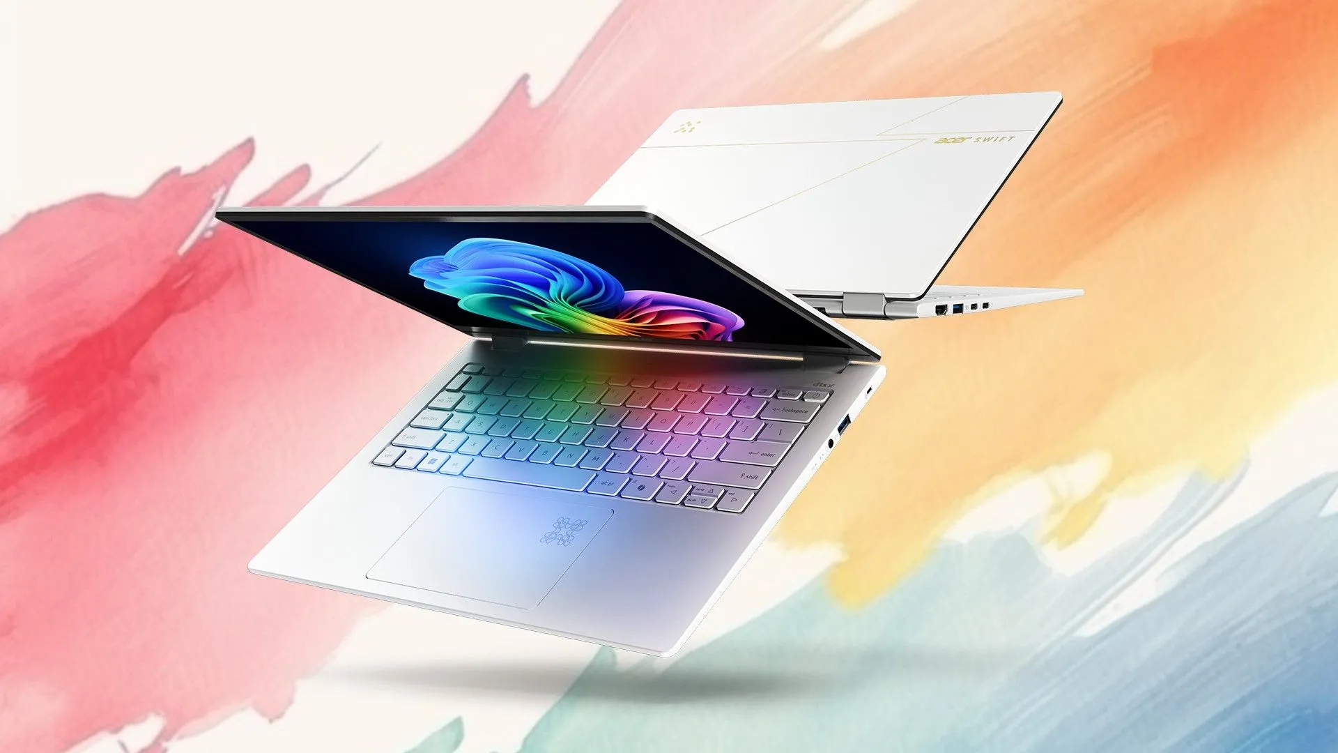 Laptop Acer Swift Edge 14 AI siêu mỏng màu bạc, hiển thị hình ảnh đầy màu sắc trên màn hình OLED