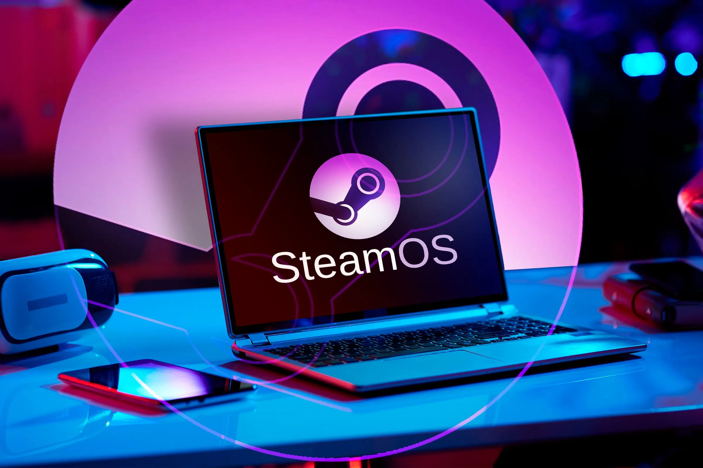 Laptop hiển thị logo SteamOS, hệ điều hành mặc định của Steam Deck