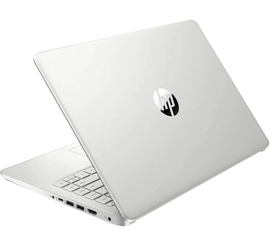 Laptop HP Stream 14 inch màu xanh dương mở ra, hiển thị màn hình Windows 11 S