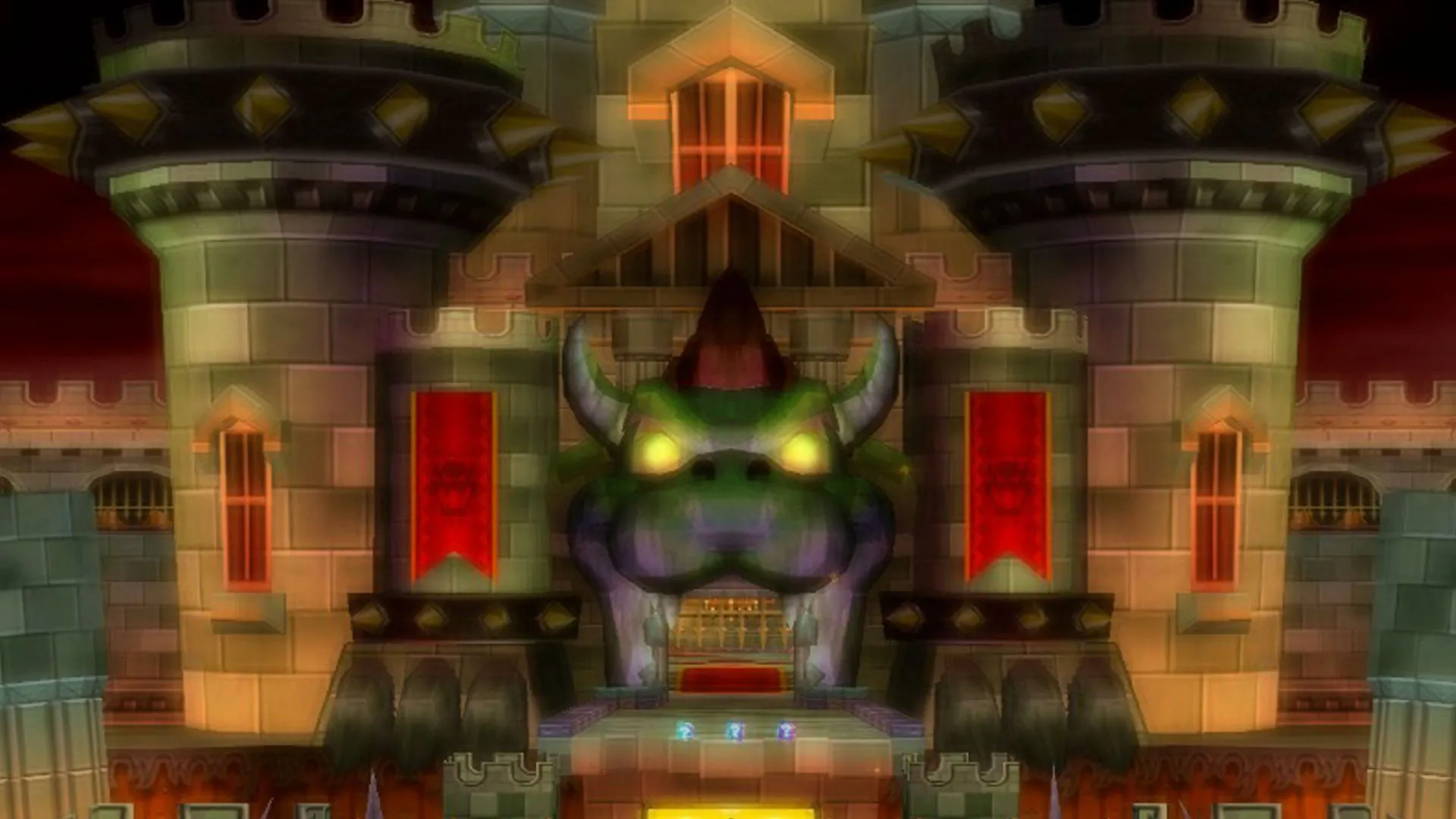 Lâu đài của Bowser (Bowser's Castle) trong Mario Kart 64 với các chướng ngại vật Thwomp.