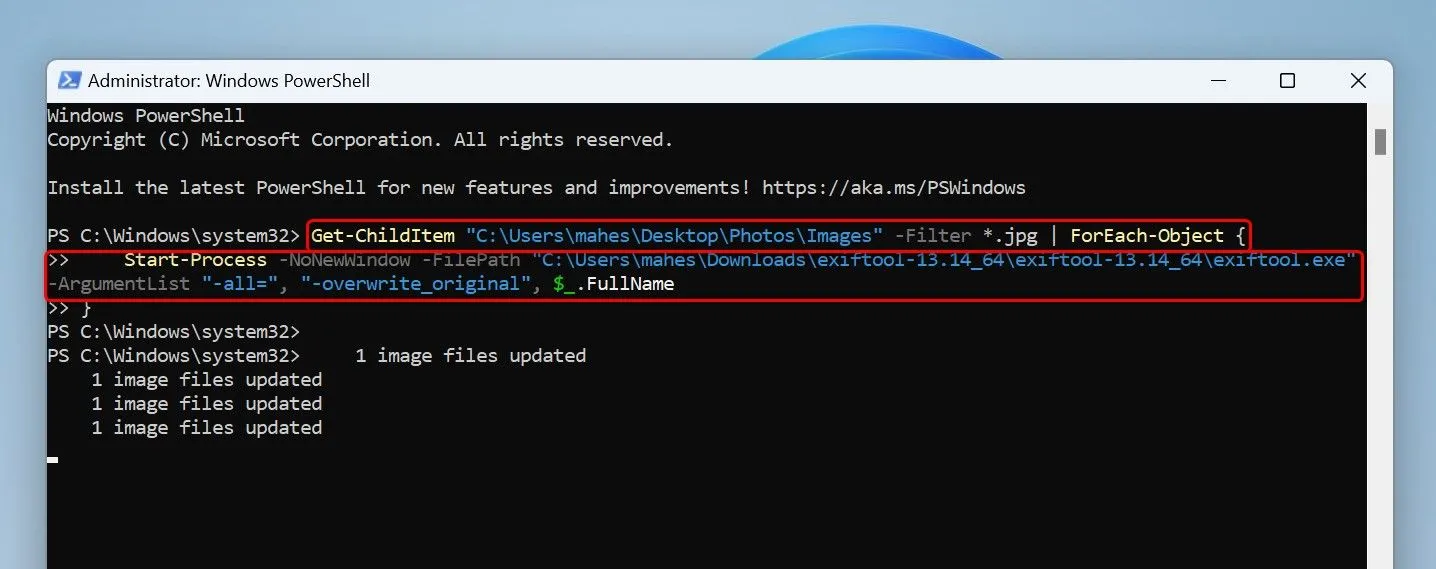 Lệnh PowerShell để xóa dữ liệu EXIF hàng loạt khỏi ảnh