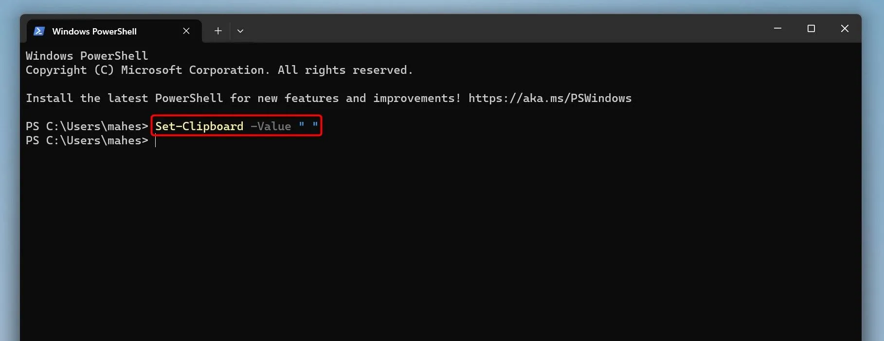 Lệnh Set-Clipboard -Value &quot; &quot; để ghi đè clipboard trong PowerShell Windows 11