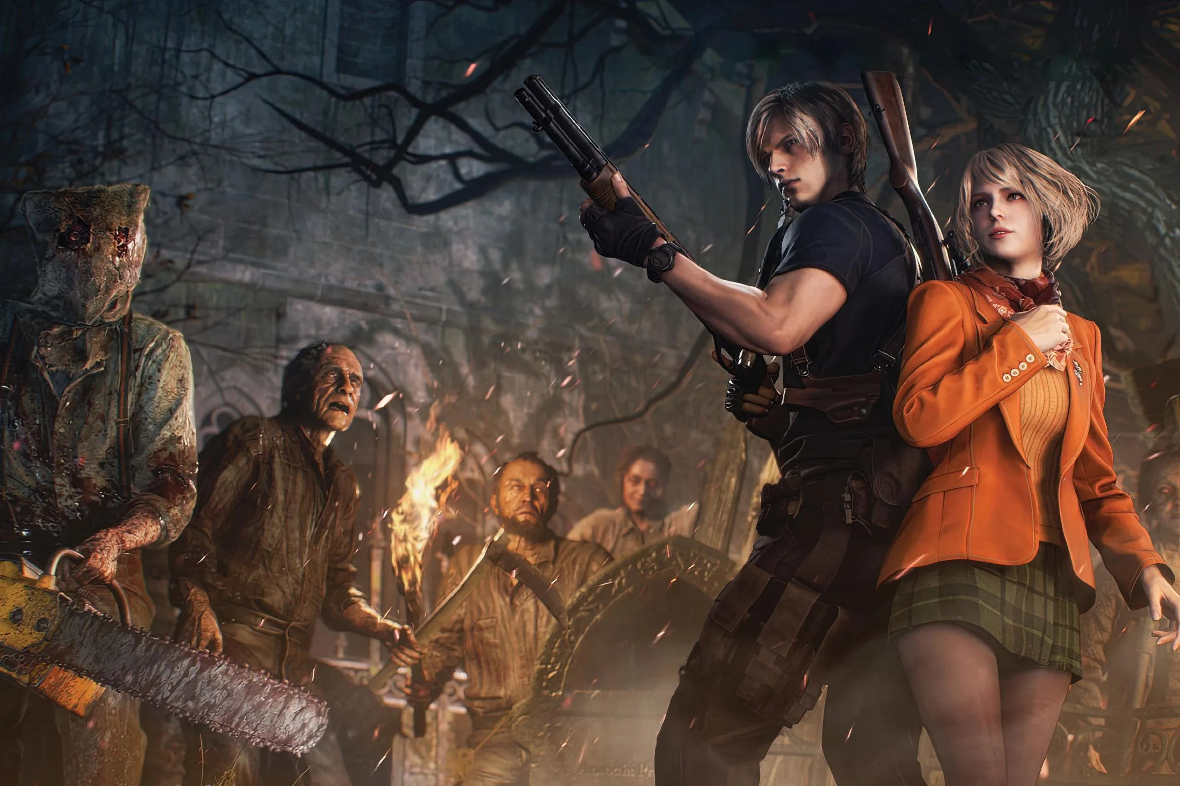 Leon S. Kennedy và Ashley Graham đối mặt với dân làng bị nhiễm bệnh trong Resident Evil 4 Remake.