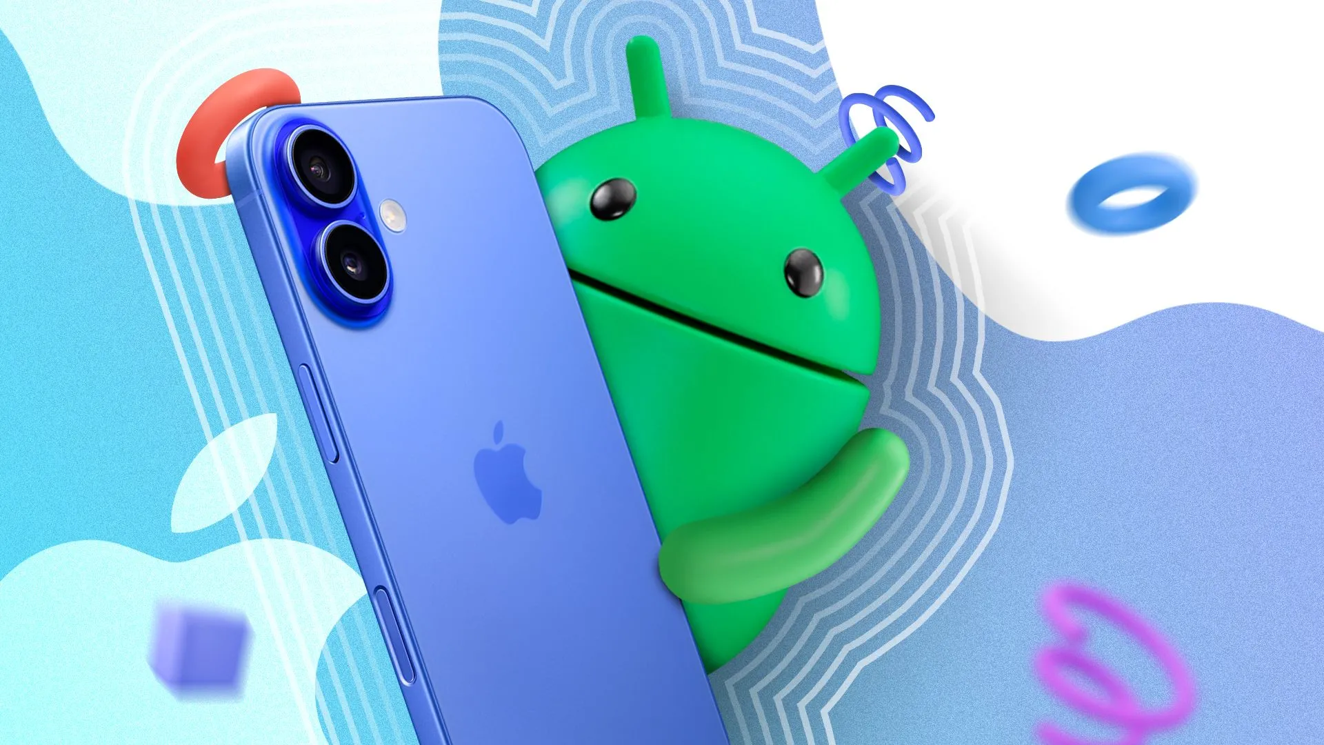 Linh vật Android cầm iPhone 16, biểu tượng cho xu hướng giao thoa và lấy cảm hứng từ iOS trong thiết kế giao diện Android.