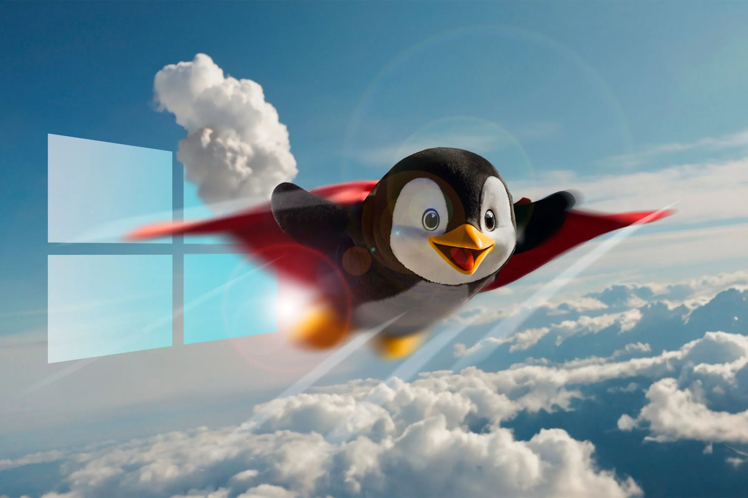 Linh vật Linux bay lượn tự do trên mây, tượng trưng cho sự tự do và tùy biến mà Linux mang lại, bỏ lại biểu tượng Windows phía sau.