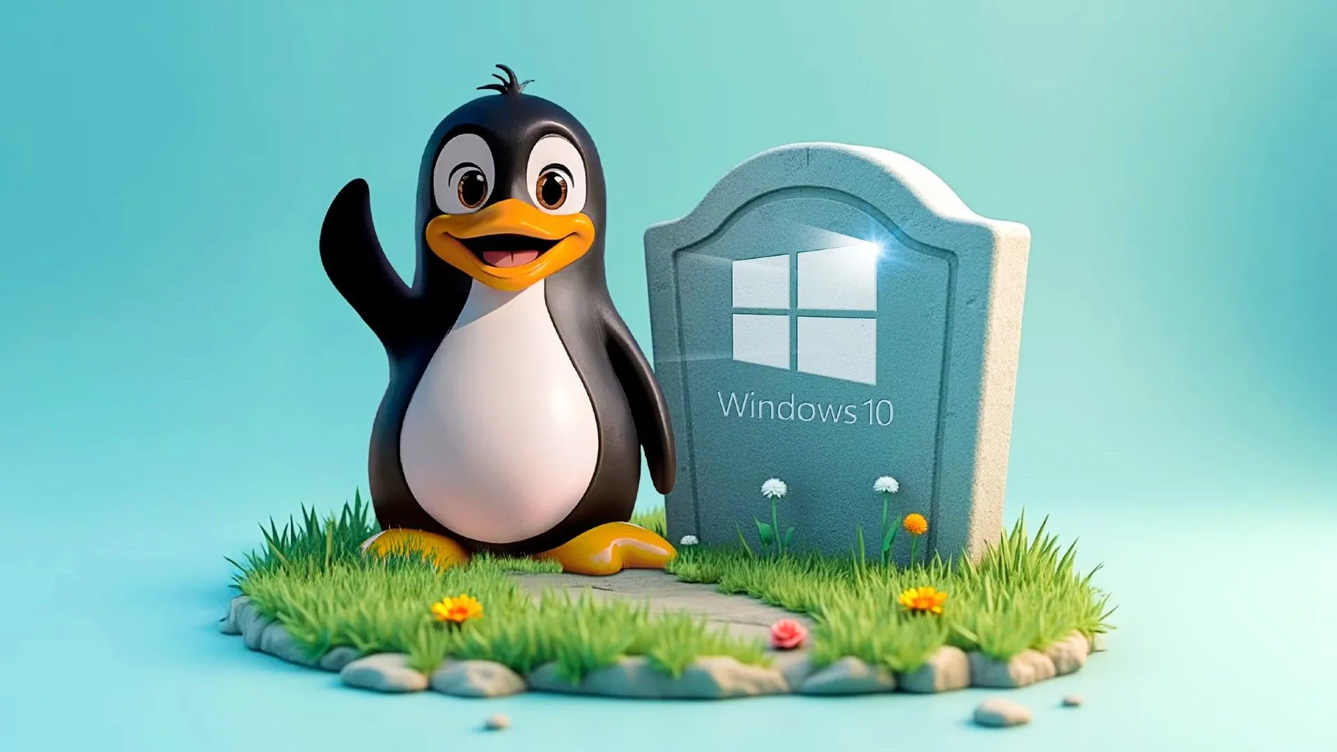 Linh vật Linux Tux vẫy tay bên cạnh bia mộ có biểu tượng Windows 10, tượng trưng cho sự chuyển đổi