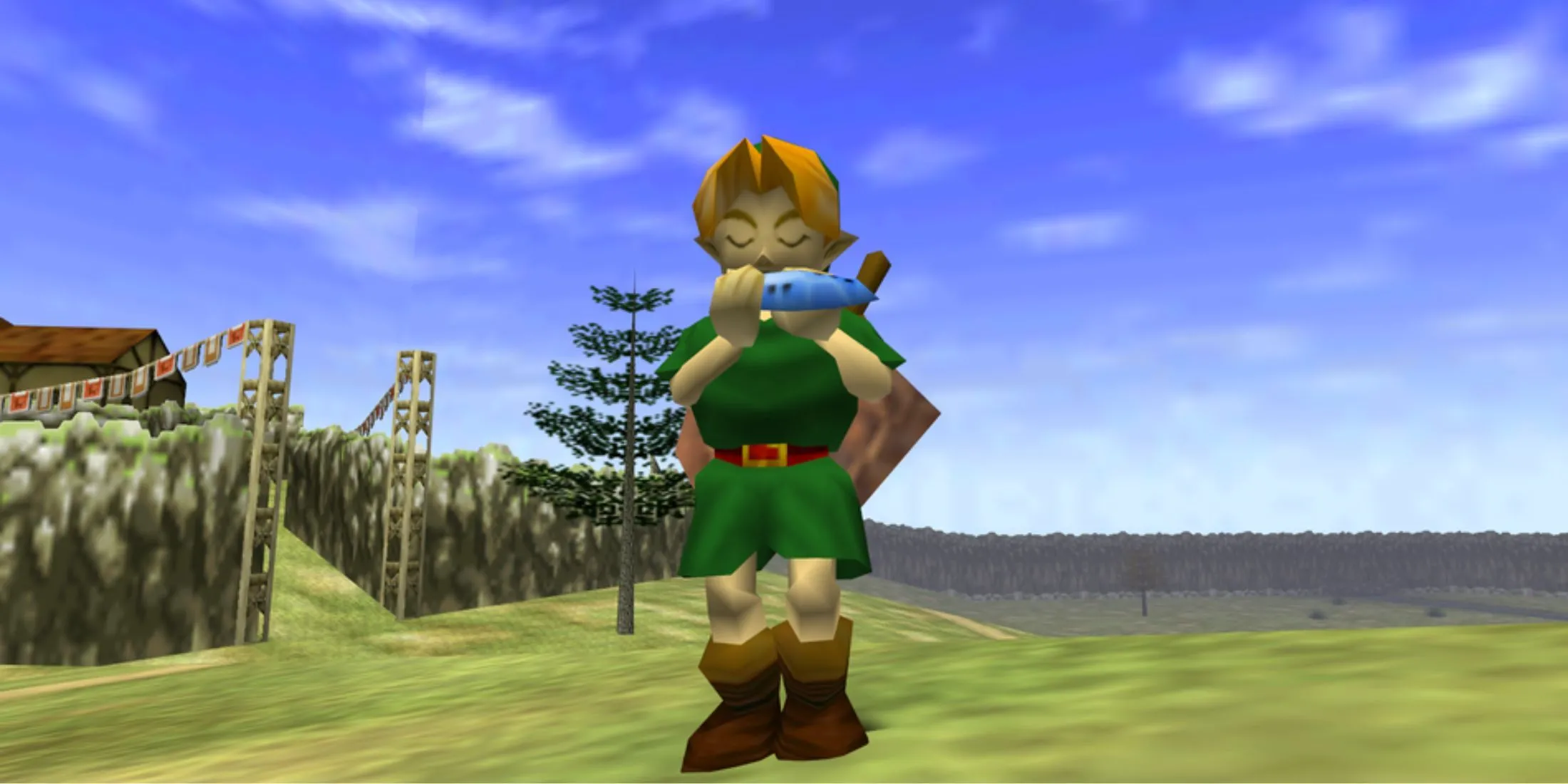 Link đang chơi cây đàn Ocarina trong The Legend of Zelda: Ocarina of Time, một tựa game nơi âm nhạc đóng vai trò quan trọng trong lối chơi và cốt truyện.