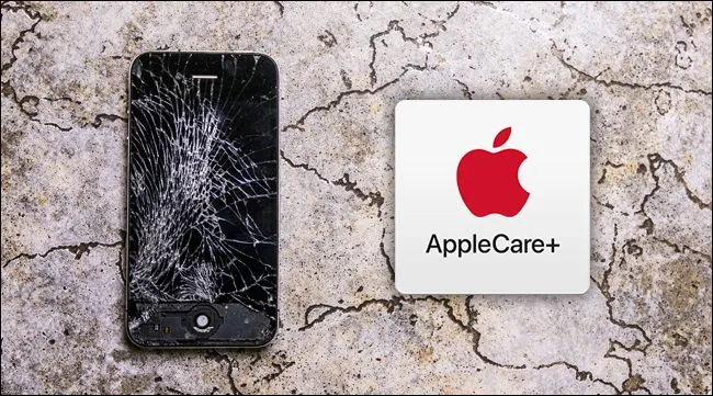 Logo AppleCare+ bên cạnh hình ảnh điện thoại iPhone bị nứt màn hình