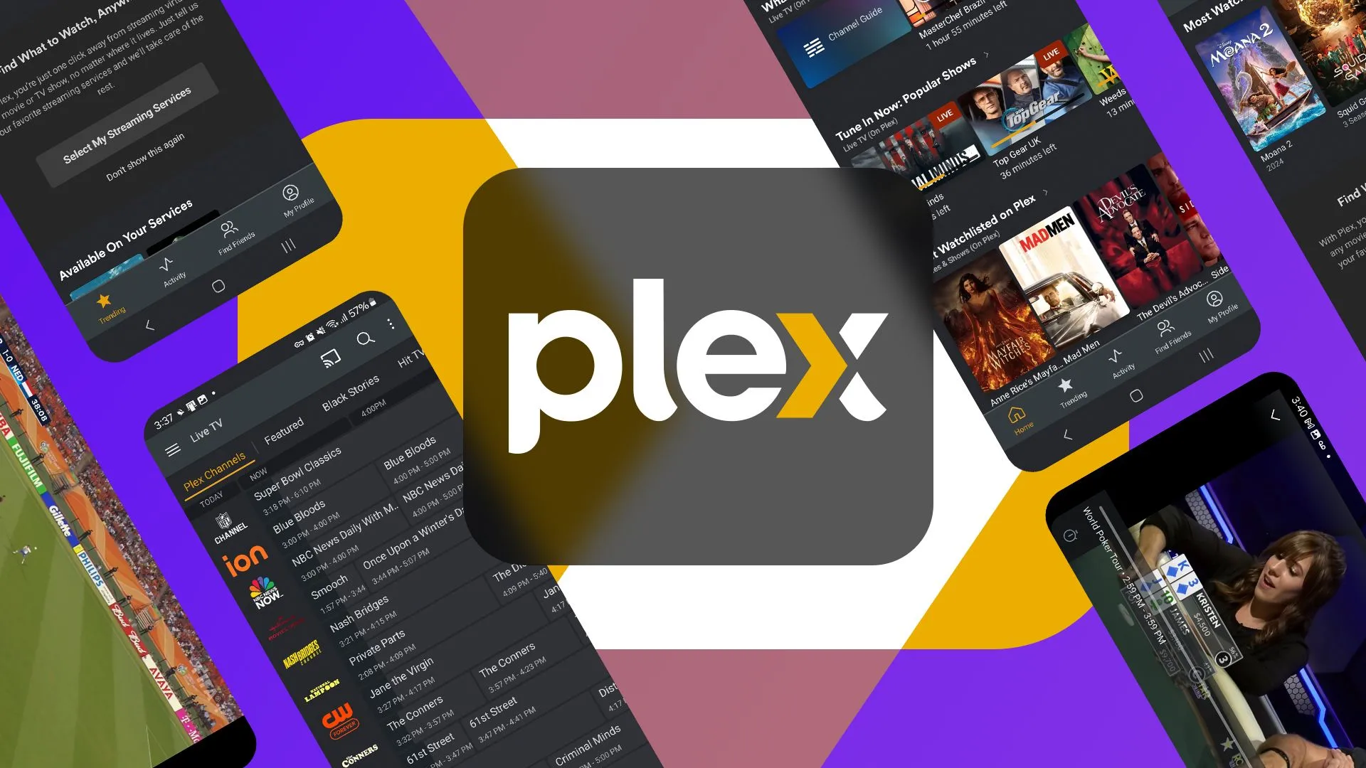 Logo Plex màu tím với nhiều ảnh chụp màn hình ứng dụng Plex được sắp xếp xung quanh