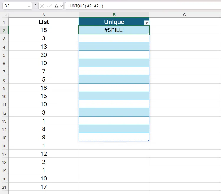 Lỗi #SPILL! khi dùng hàm UNIQUE trong bảng Excel