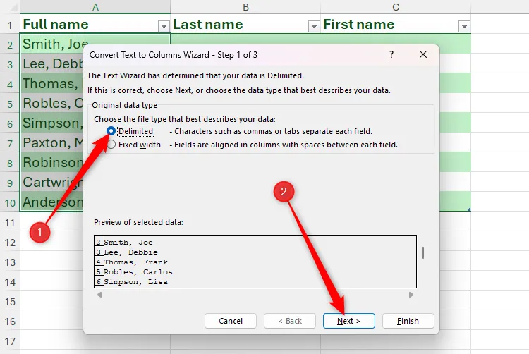 Lựa chọn tùy chọn Delimited trong hộp thoại Convert Text to Columns Wizard của Excel
