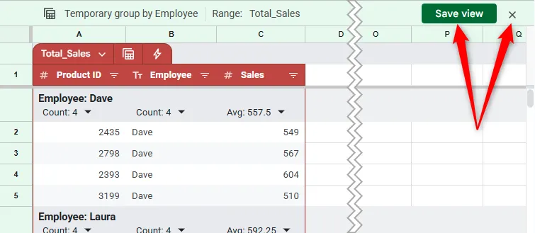 Lưu hoặc đóng chế độ xem nhóm dữ liệu trong Google Sheets bằng nút &quot;Lưu Chế độ xem&quot; và &quot;Đóng Chế độ xem&quot;