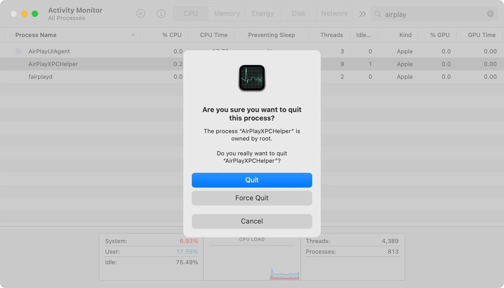 Màn hình Activity Monitor trên macOS hiển thị quy trình AirPlayXPCHelper và tùy chọn thoát, liên quan đến lỗi AirPlay của Apple Music