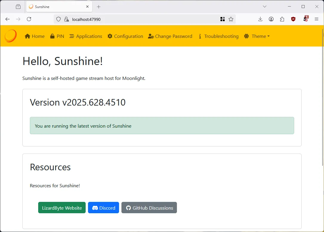 Màn hình cấu hình Sunshine server để stream game