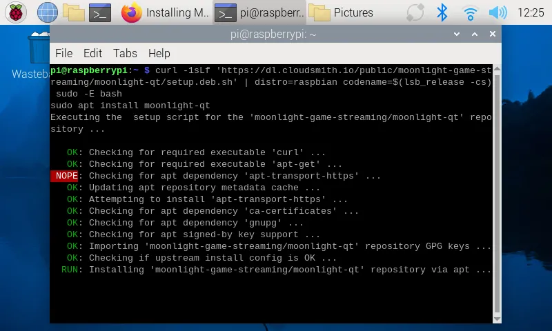 Màn hình chạy script cài đặt Moonlight Qt trên Raspberry Pi OS