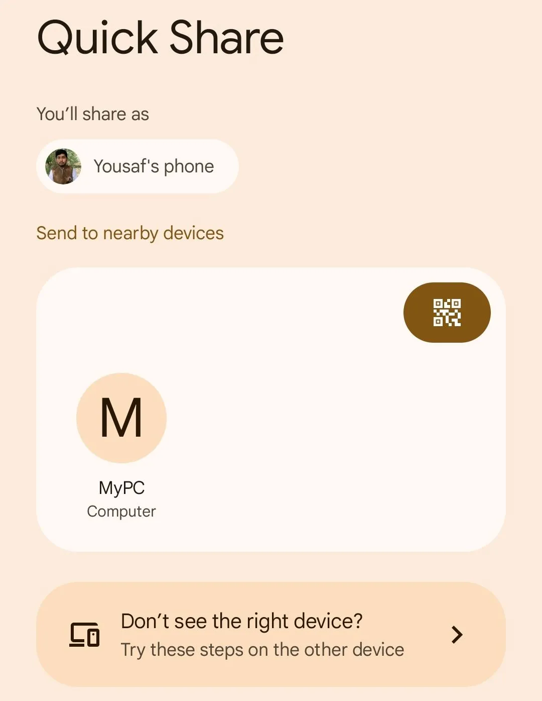 Màn hình chia sẻ trên Android chọn tùy chọn Quick Share để gửi file sang máy tính Linux