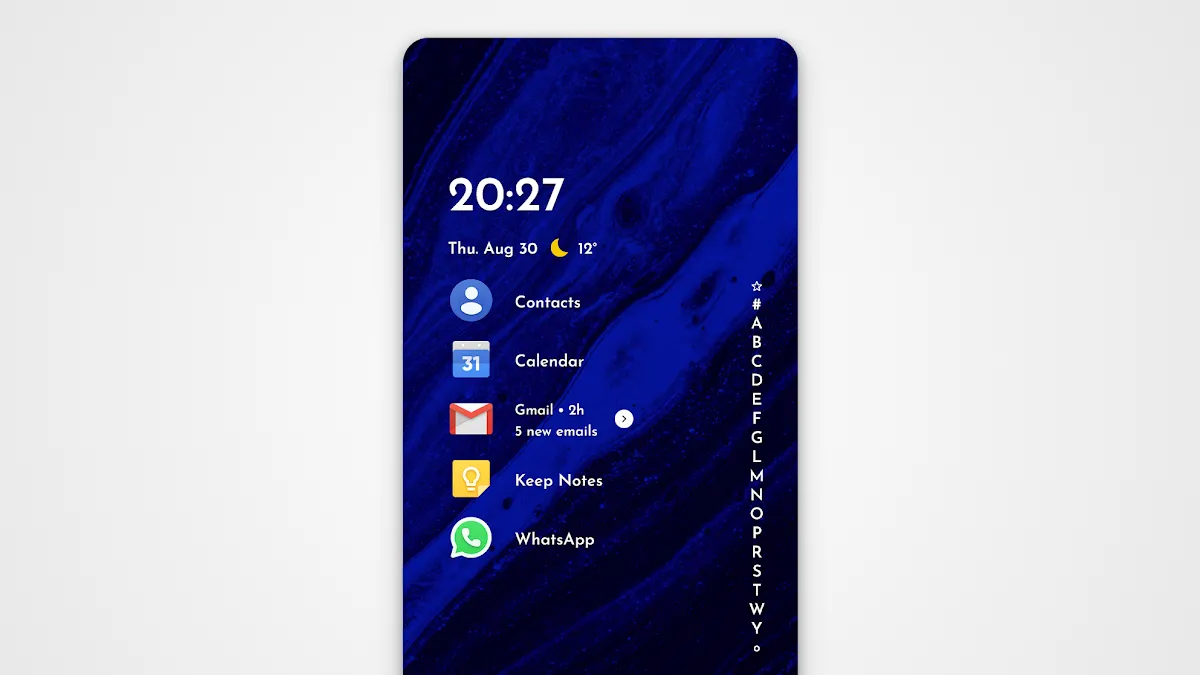 Màn hình chính của Niagara Launcher, nổi bật với thiết kế tối giản và hiệu quả