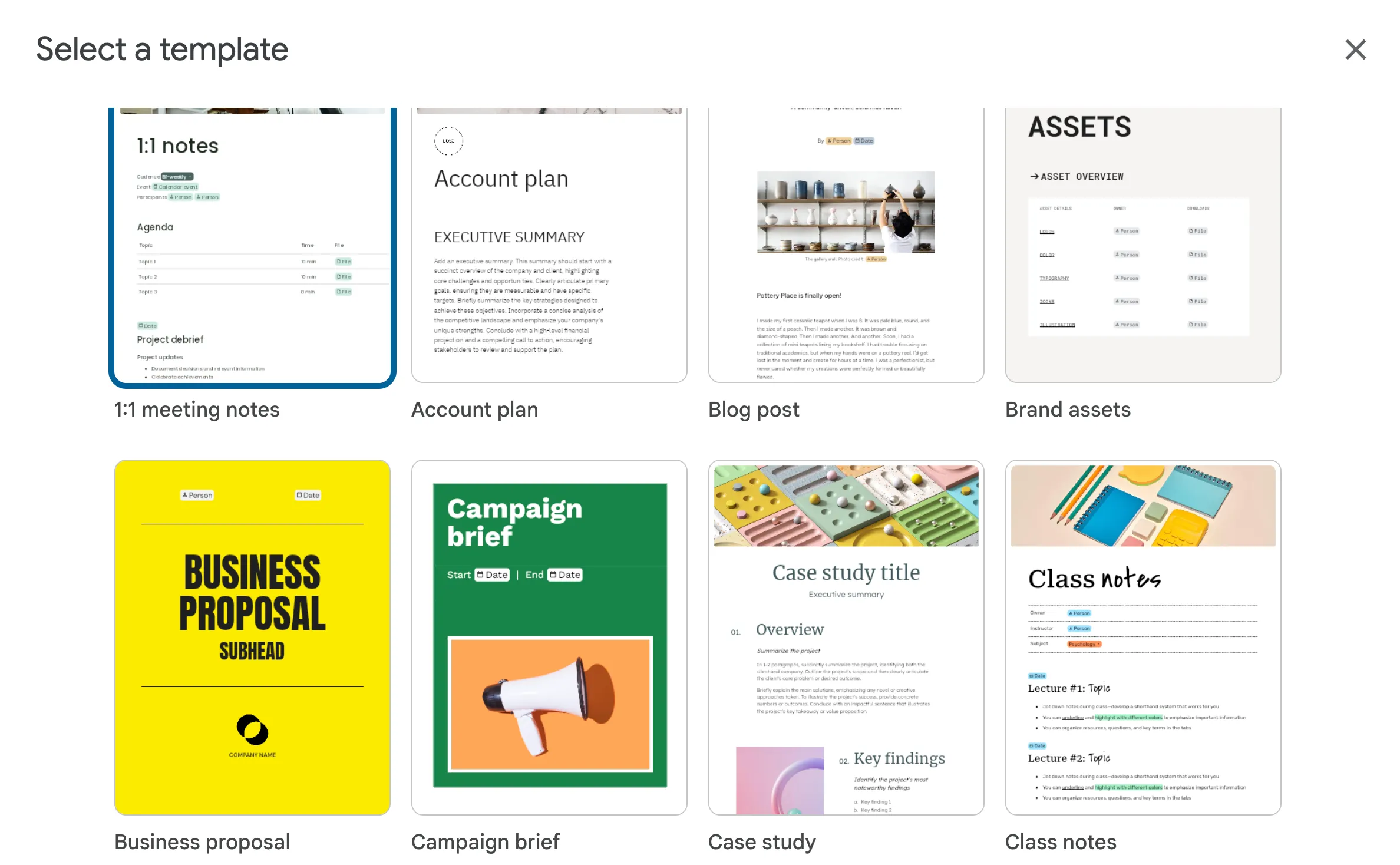 Màn hình chọn mẫu tài liệu trong Google Docs, giúp người dùng tiết kiệm thời gian và tăng tốc độ viết.