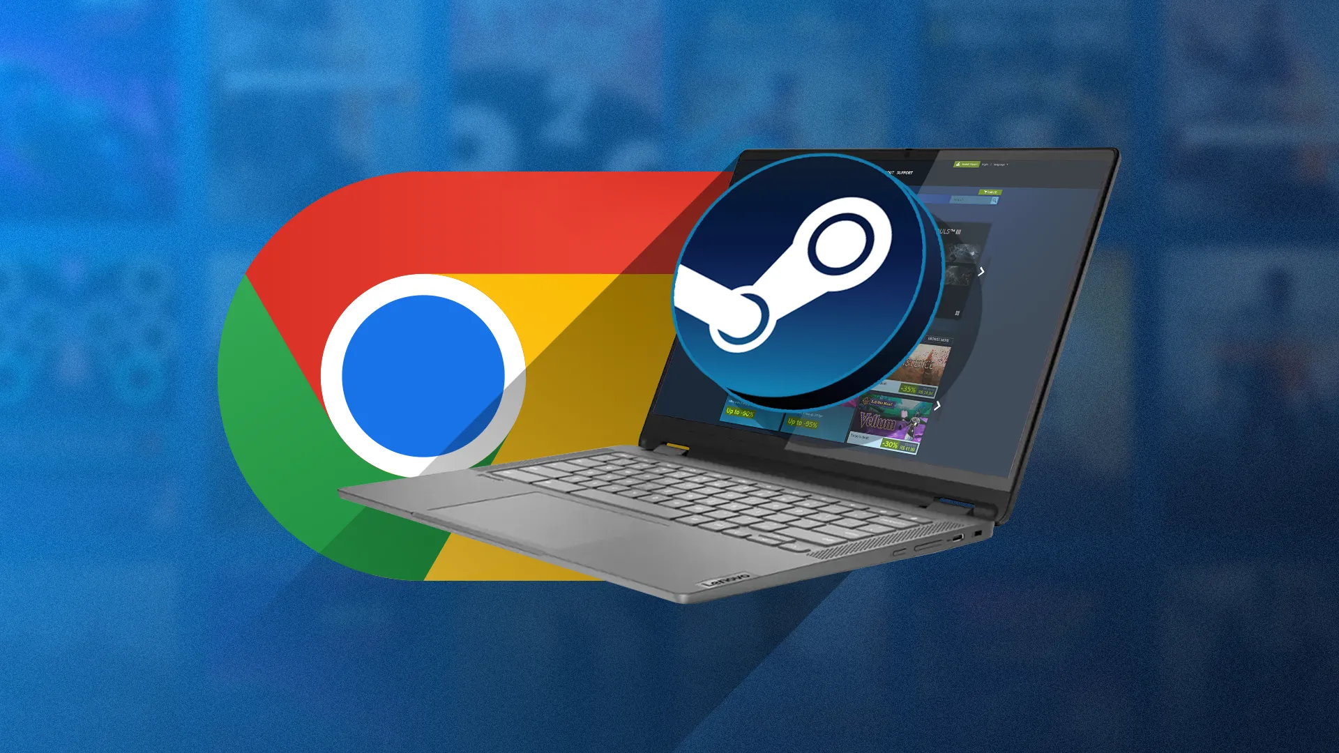 Màn hình Chromebook hiển thị ứng dụng Steam cùng logo Chrome và Steam, minh chứng chơi game trên ChromeOS