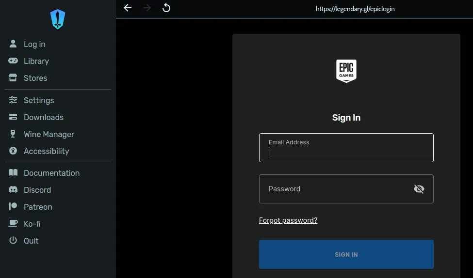 Màn hình đăng nhập Epic Games trong ứng dụng Heroic Games Launcher trên Steam Deck