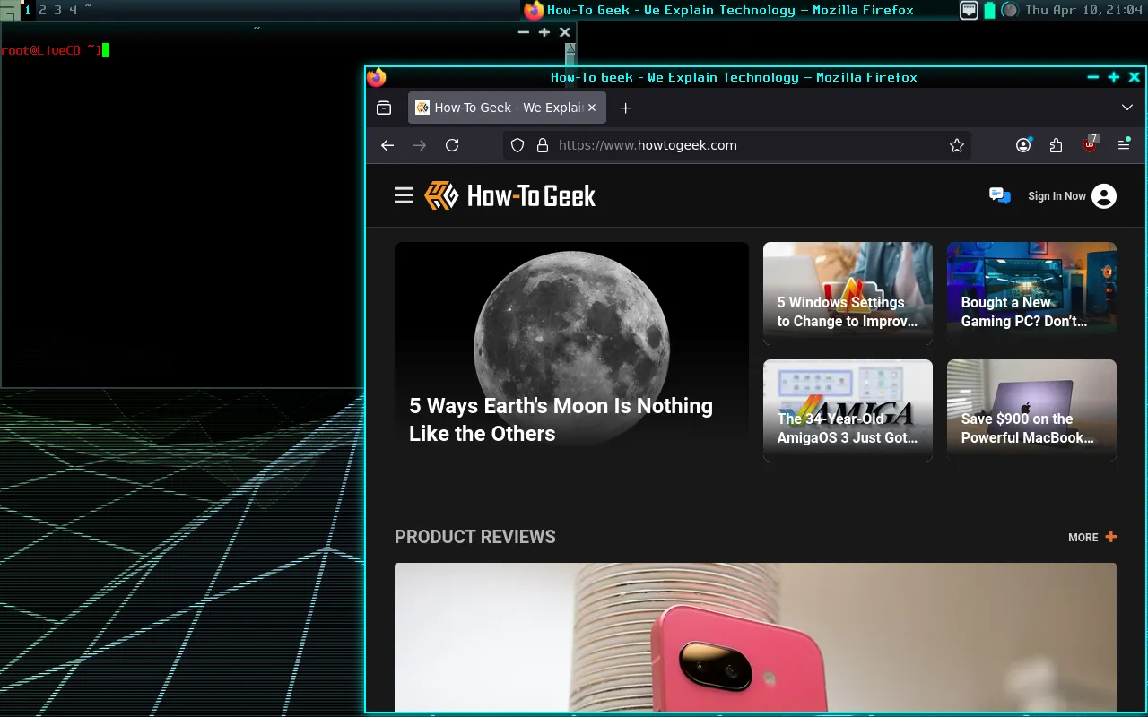 Màn hình desktop GoboLinux với trình duyệt Firefox và cửa sổ terminal, minh họa cấu trúc thư mục khác biệt.